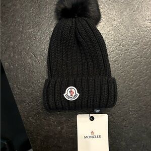 Moncler Black Ribbed Beanie with Fur Pom